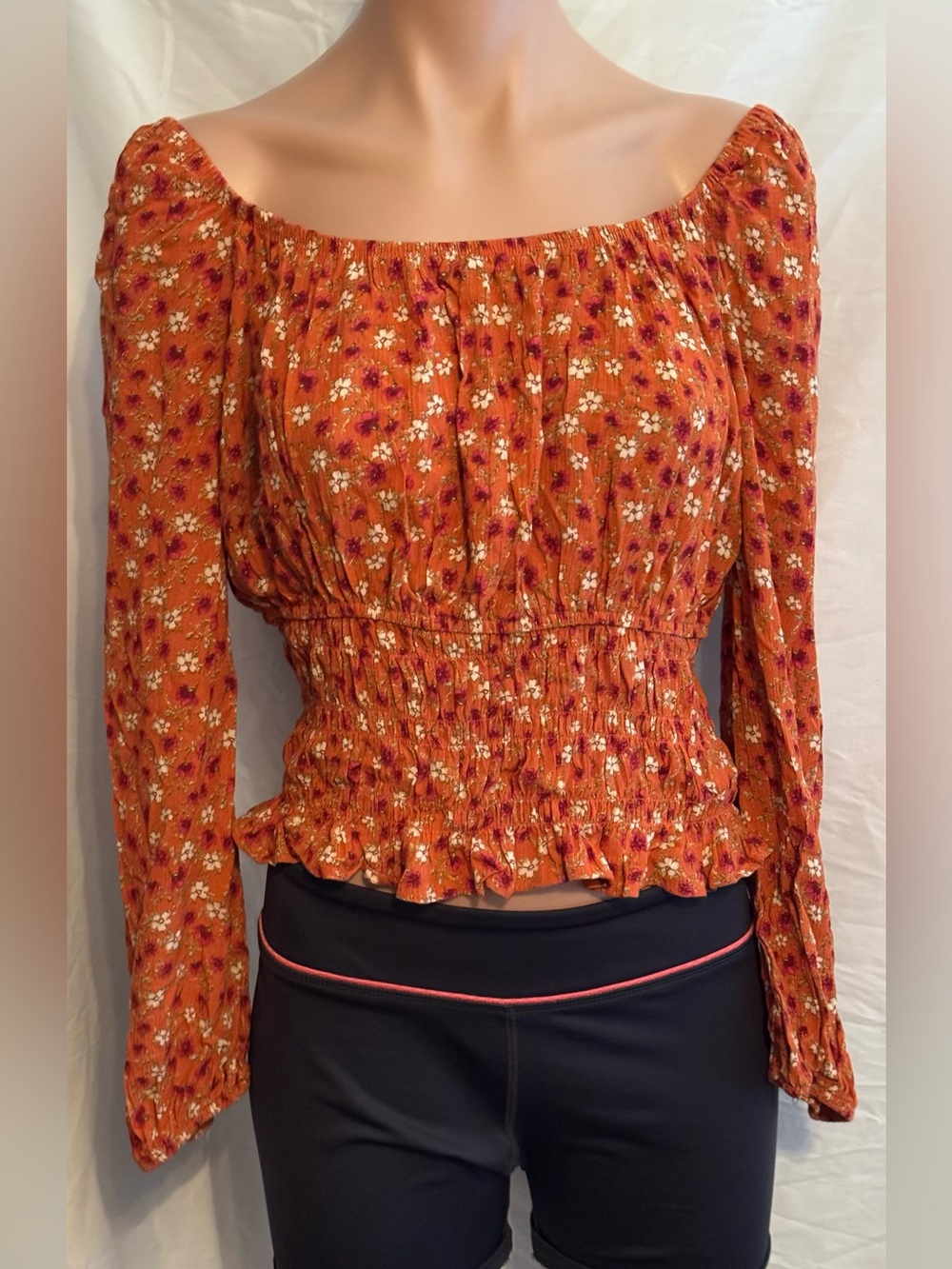 Self Esteem Rust Orange Floral Off-Shoulder Smocked Blouse